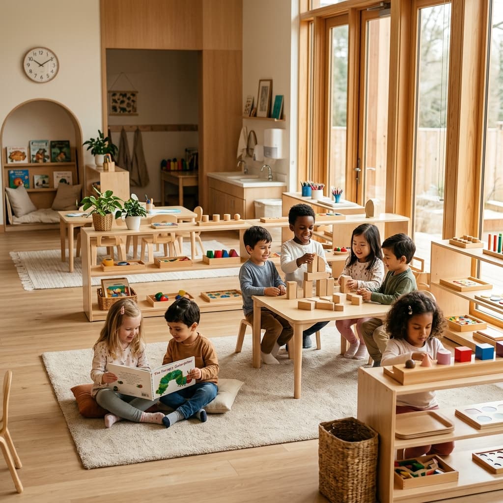 Happy children learning and playing in a Montessori environment