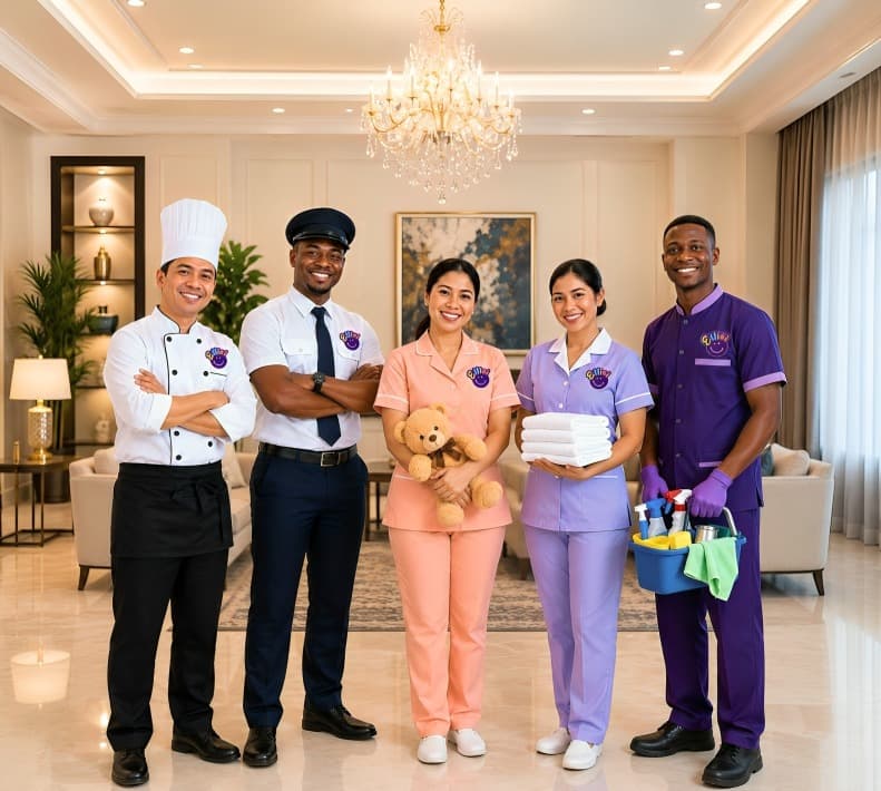 A professional household crew of five smiling specialists (chef, driver, nanny, housekeeper, and cleaner) standing together in a luxury living room, representing Ellisi premium home services